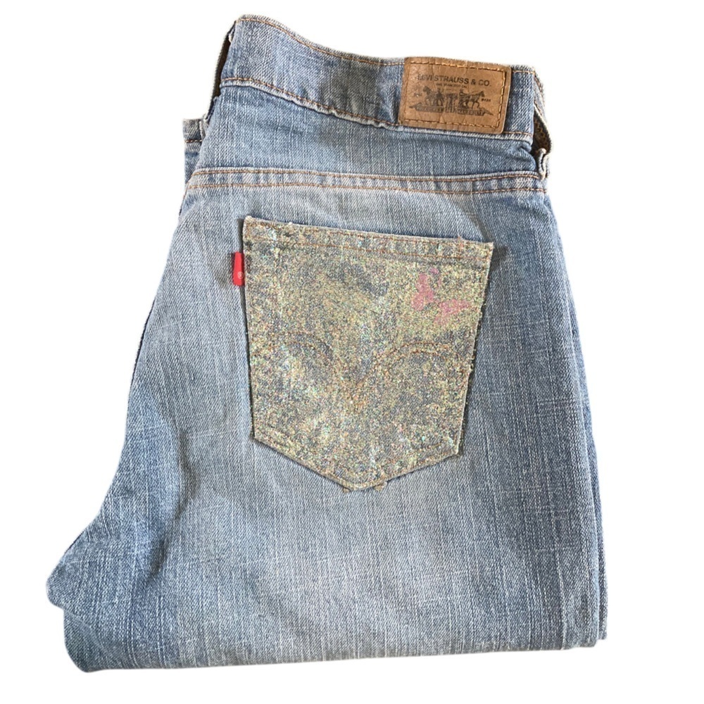 Levi’s 505 Straight Leg Jeans Sparkle Glitter Butterfly Back Pocket Vintage Y2K